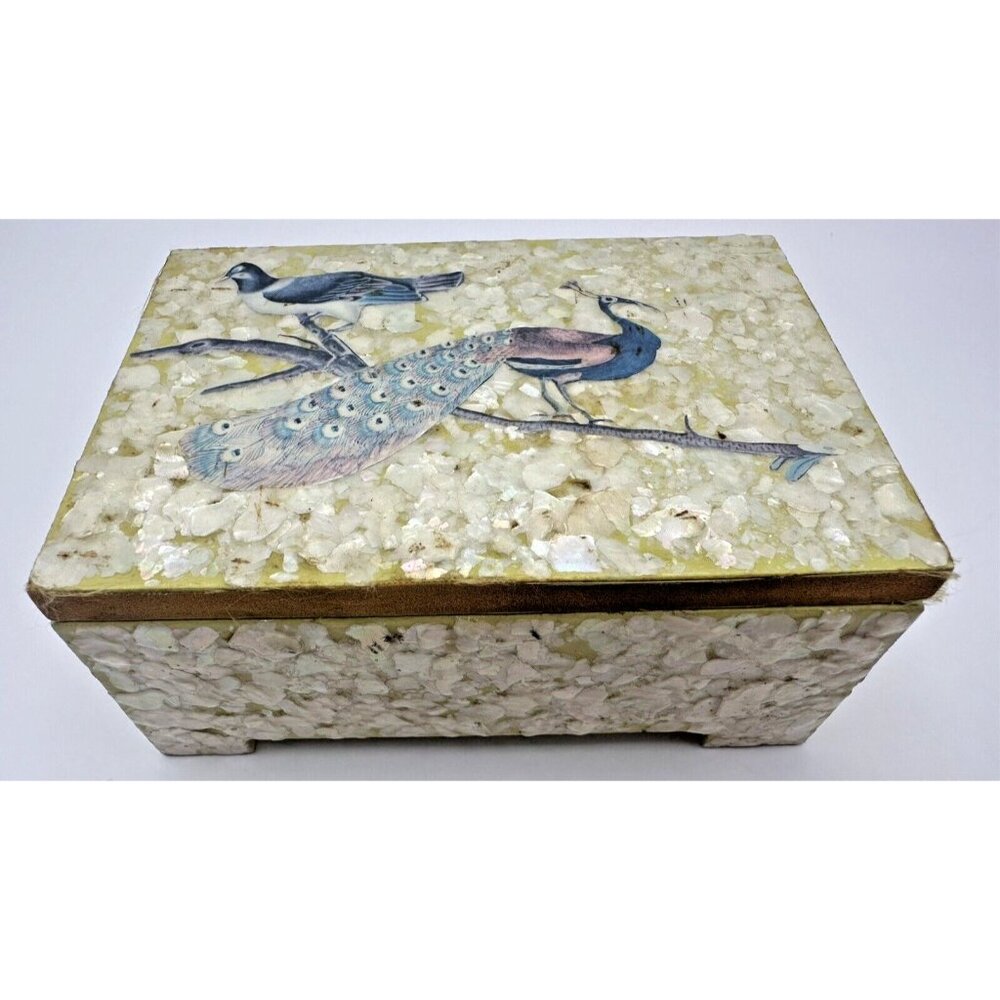 Vintage Lined Wooden Box with Peacocks 5" x 3.5"